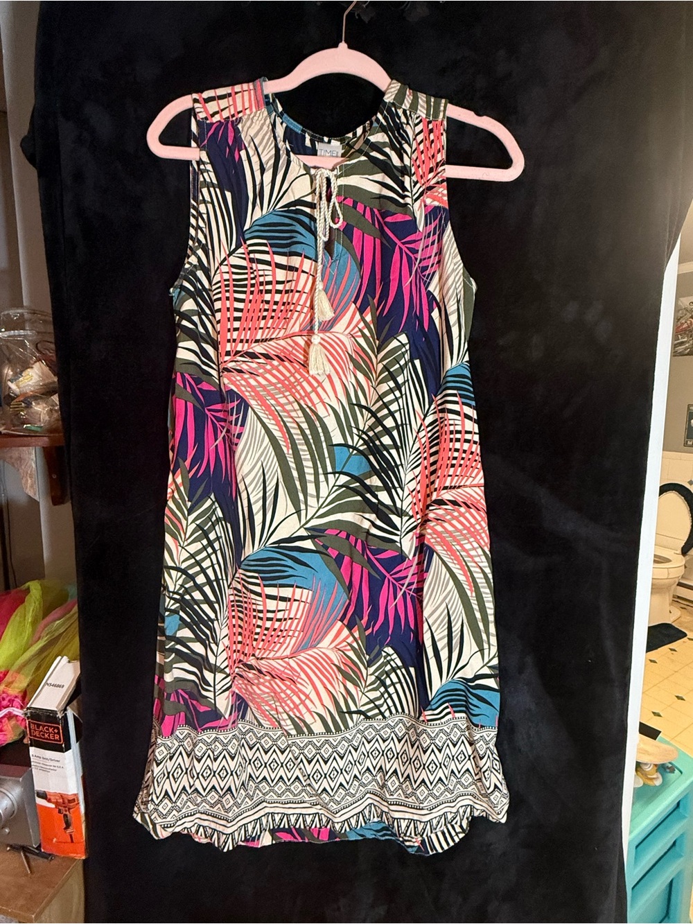 Time and Tru Tropical Leaf Print Sleeveless Dress in Navy, Pink, Teal & Cream